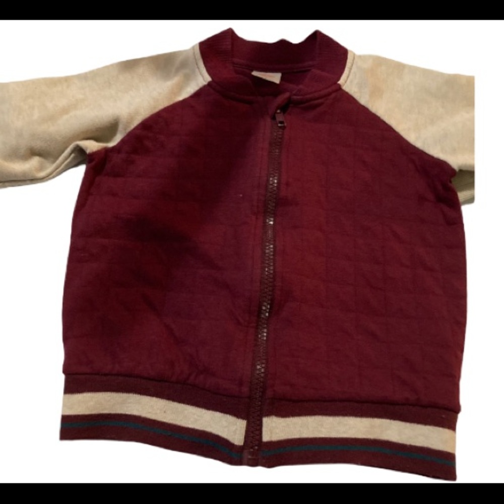 Boys size 4T zip up varsity style jacket burgundy/crimson and tan zip up